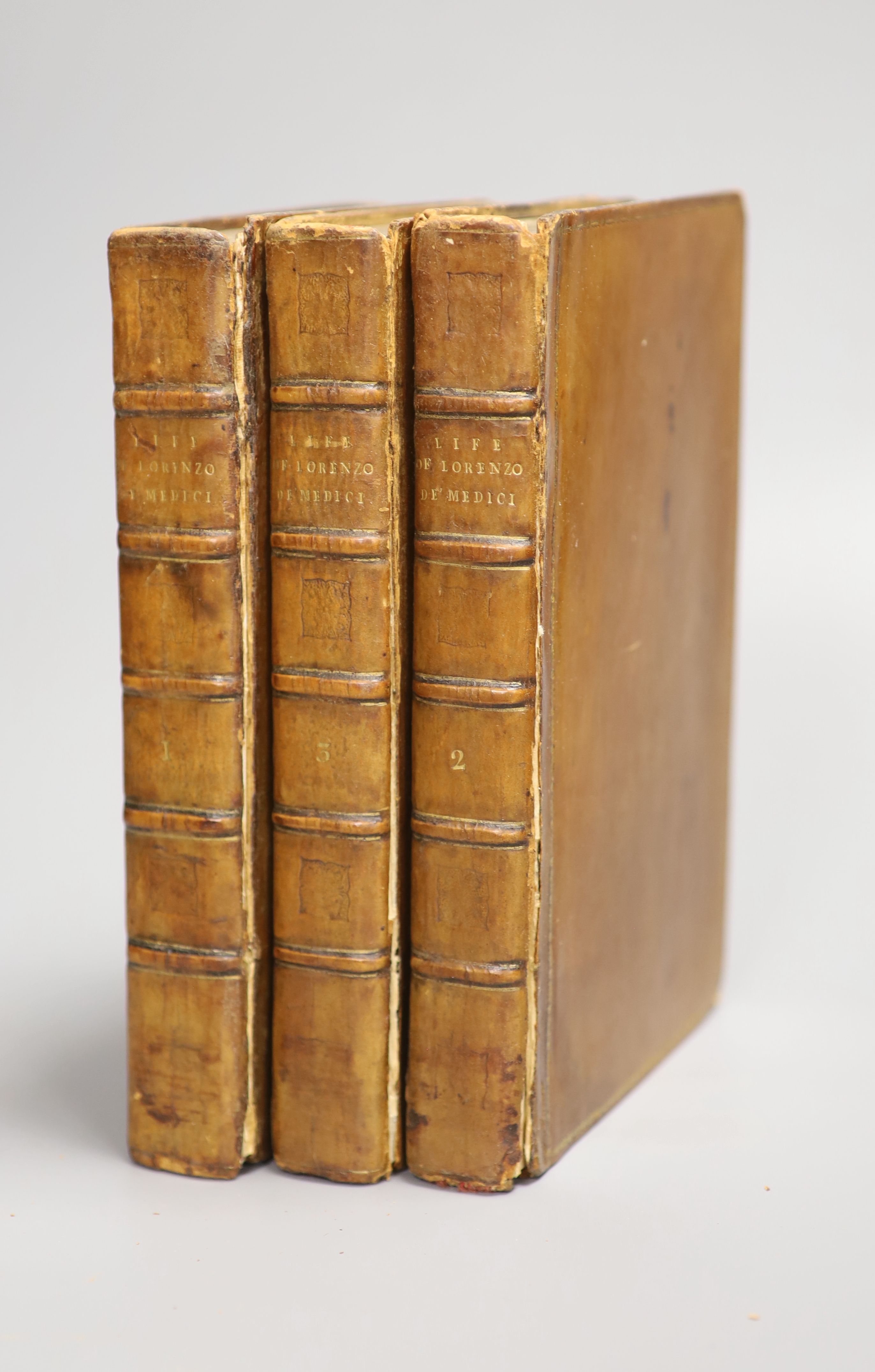 Roscoe, William - The Life of Lorenzo de Medici, 3 vols, 5th edition, 8vo, calf, with engraved portrait, some joints splitting, several pages stained, T. Cadell and W. Davies, London, 1806